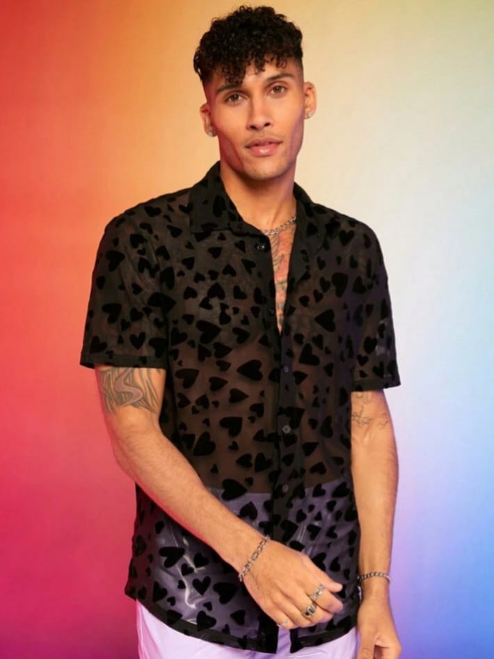 Streak hawk Men's Black Heart Love Flocked Mesh Knitted Casual Shirt